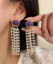 Casual Purple Alloy Pearl Resin Tassel Drop Earrings