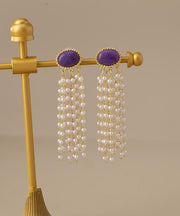 Casual Purple Alloy Pearl Resin Tassel Drop Earrings