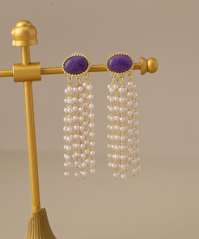 Casual Purple Alloy Pearl Resin Tassel Drop Earrings