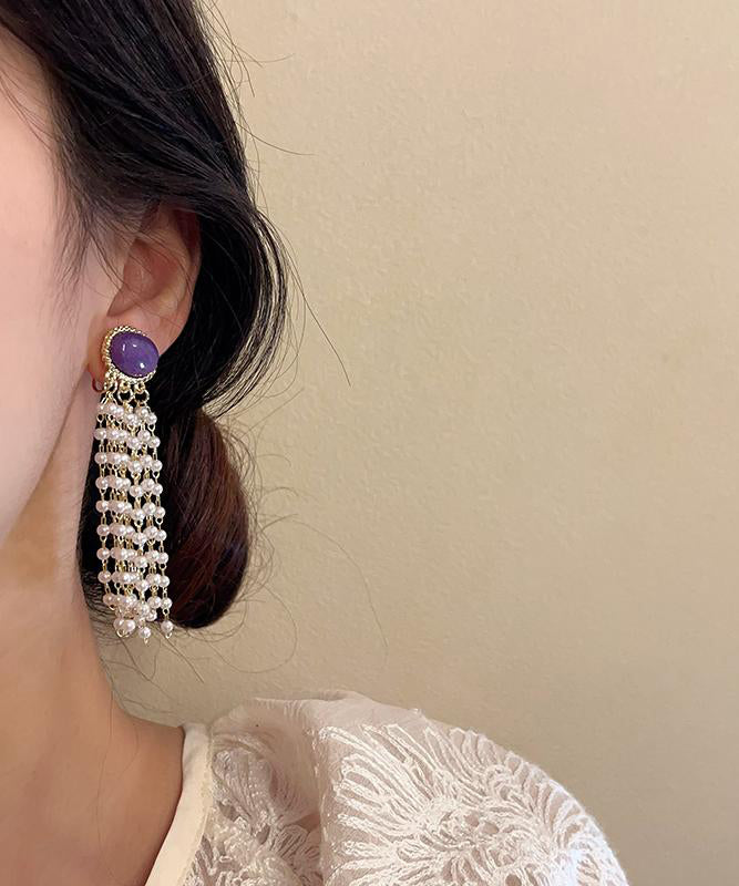 Casual Purple Alloy Pearl Resin Tassel Drop Earrings