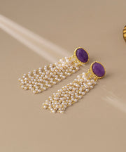 Casual Purple Alloy Pearl Resin Tassel Drop Earrings