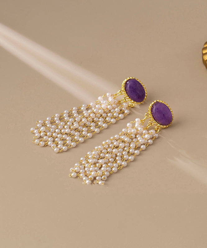 Casual Purple Alloy Pearl Resin Tassel Drop Earrings