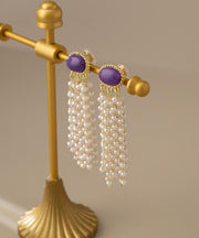 Casual Purple Alloy Pearl Resin Tassel Drop Earrings