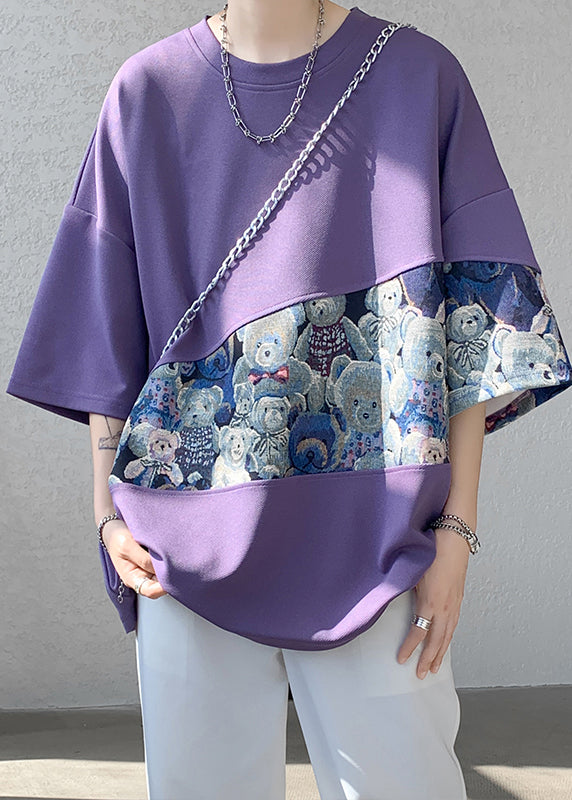 Casual Purple O Neck Patchwork Cotton Men T Shirt Summer