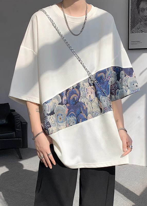 Casual Purple O Neck Patchwork Cotton Men T Shirt Summer
