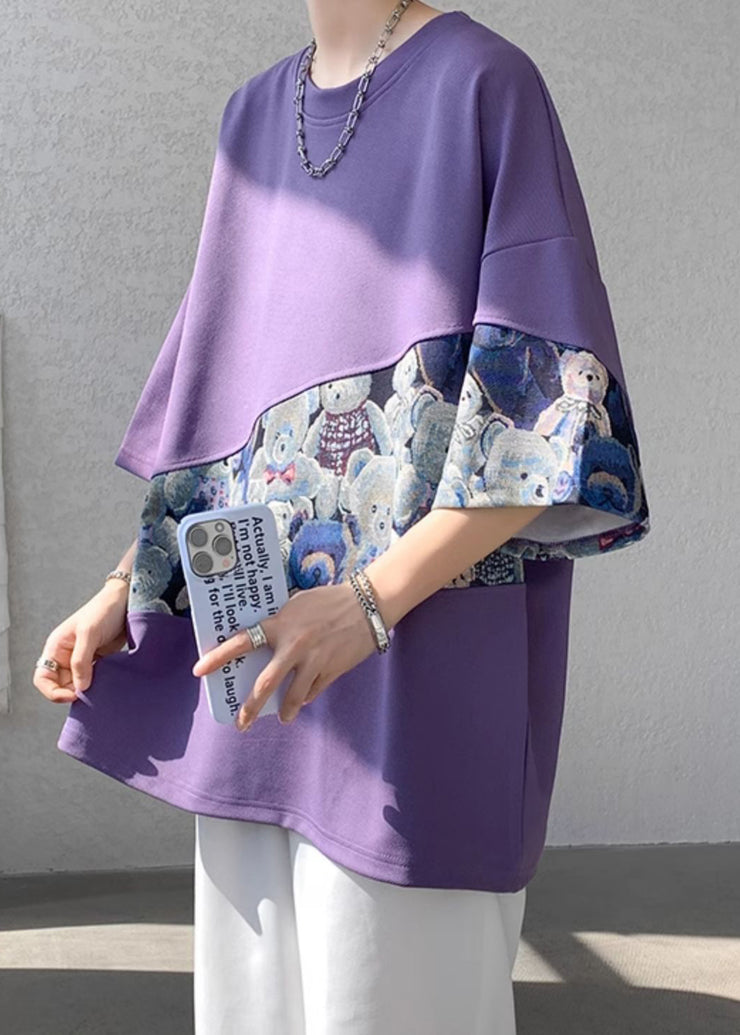 Casual Purple O Neck Patchwork Cotton Men T Shirt Summer