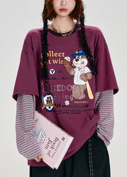 Casual Purple Oversized Patchwork Cotton Fake Two Piece Pullover Tops Spring