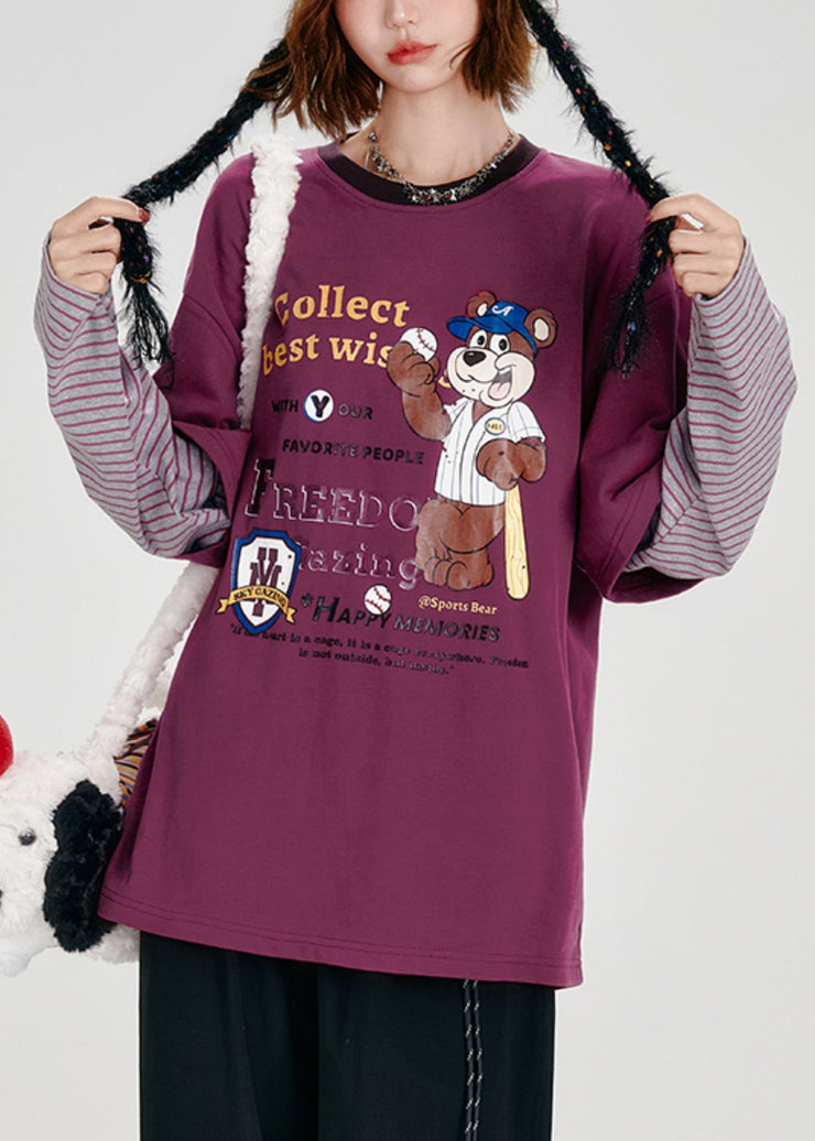 Casual Purple Oversized Patchwork Cotton Fake Two Piece Pullover Tops Spring