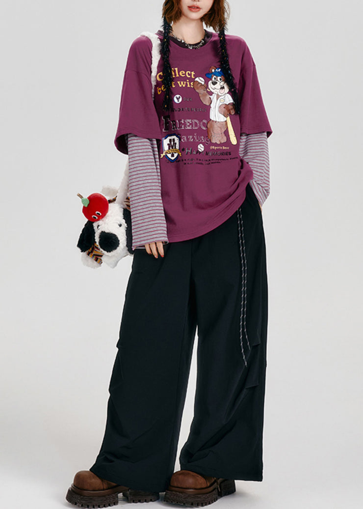 Casual Purple Oversized Patchwork Cotton Fake Two Piece Pullover Tops Spring