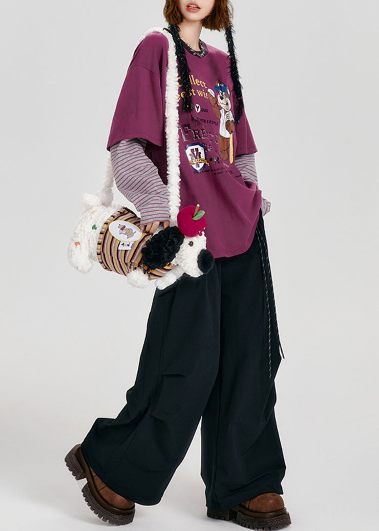 Casual Purple Oversized Patchwork Cotton Fake Two Piece Pullover Tops Spring