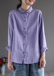 Casual Purple Peter Pan Collar Button Shirt Long Sleeve