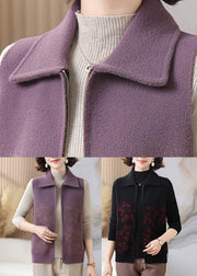 Casual Purple Pockets Patchwork Knit Waistcoat Sleeveless