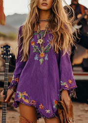 Casual Purple Print Cotton Mid Dresses Long Sleeve