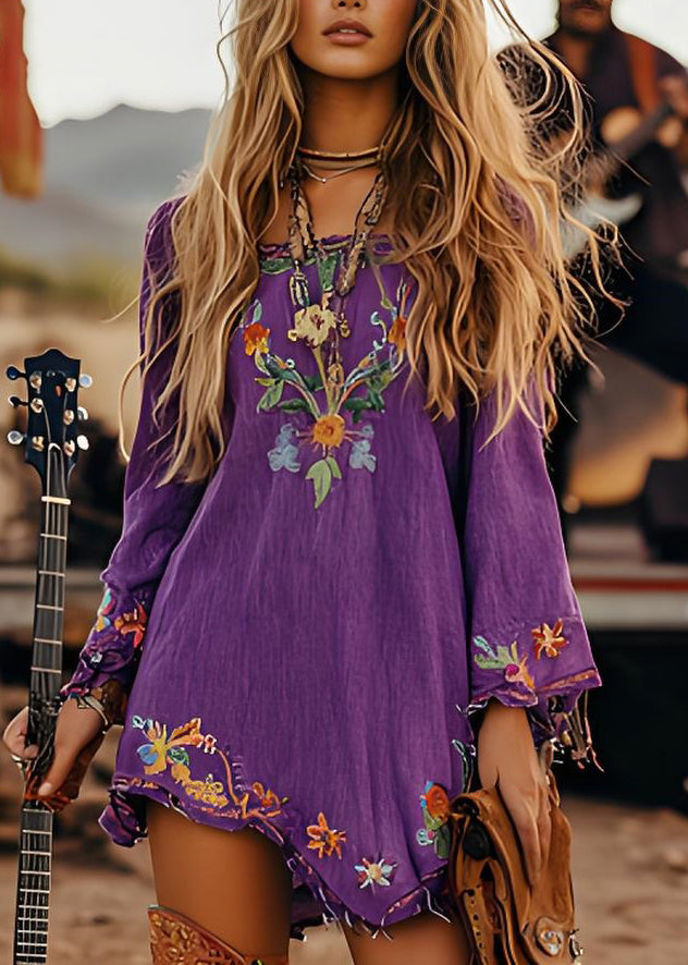 Casual Purple Print Cotton Mid Dresses Long Sleeve