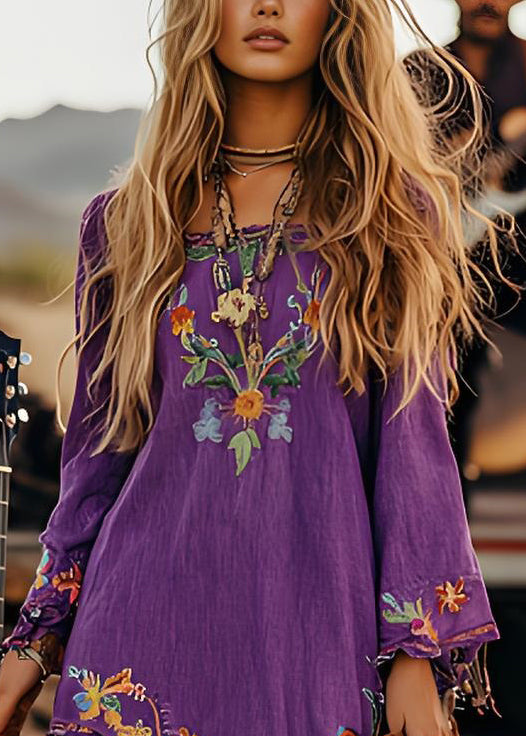 Casual Purple Print Cotton Mid Dresses Long Sleeve