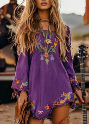 Casual Purple Print Cotton Mid Dresses Long Sleeve