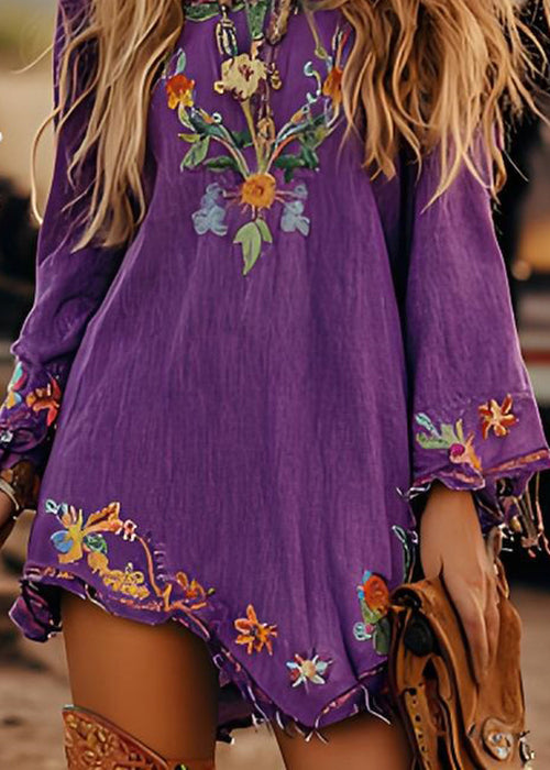 Casual Purple Print Cotton Mid Dresses Long Sleeve
