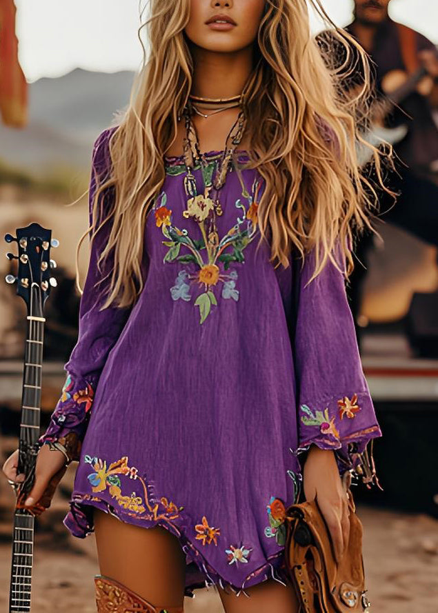 Casual Purple Print Cotton Mid Dresses Long Sleeve