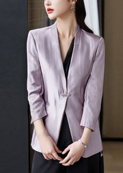 Casual Purple V Neck Button Pockets Cotton Coats Bracelet Sleeve