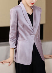 Casual Purple V Neck Button Pockets Cotton Coats Bracelet Sleeve