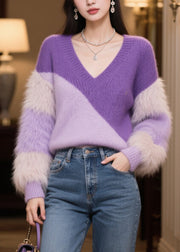 Casual Purple V Neck Patchwork Faux Fur Short Sweater Winter