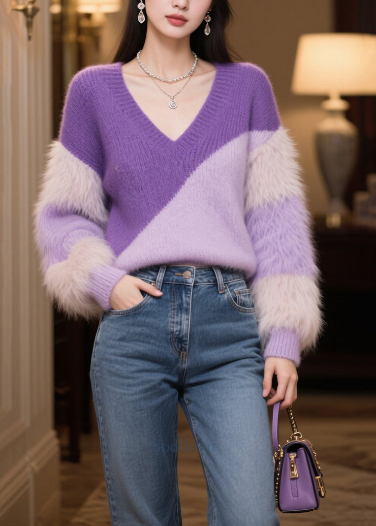 Casual Purple V Neck Patchwork Faux Fur Short Sweater Winter