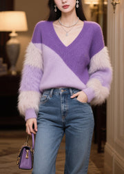 Casual Purple V Neck Patchwork Faux Fur Short Sweater Winter