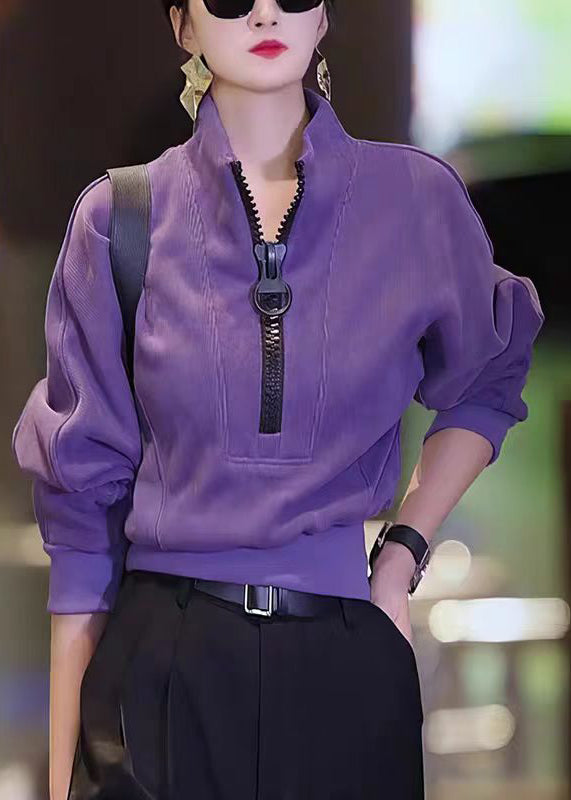 Casual Purple Zip Up Patchwork Cotton Tops Fall