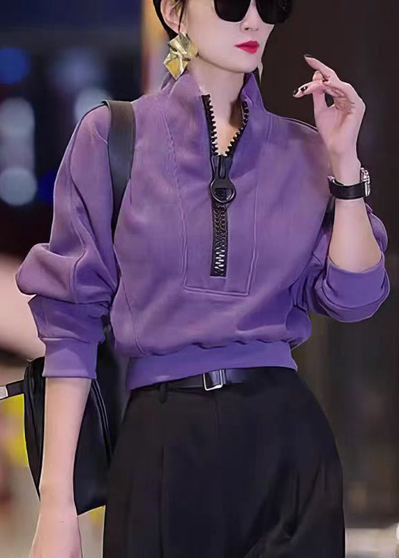 Casual Purple Zip Up Patchwork Cotton Tops Fall