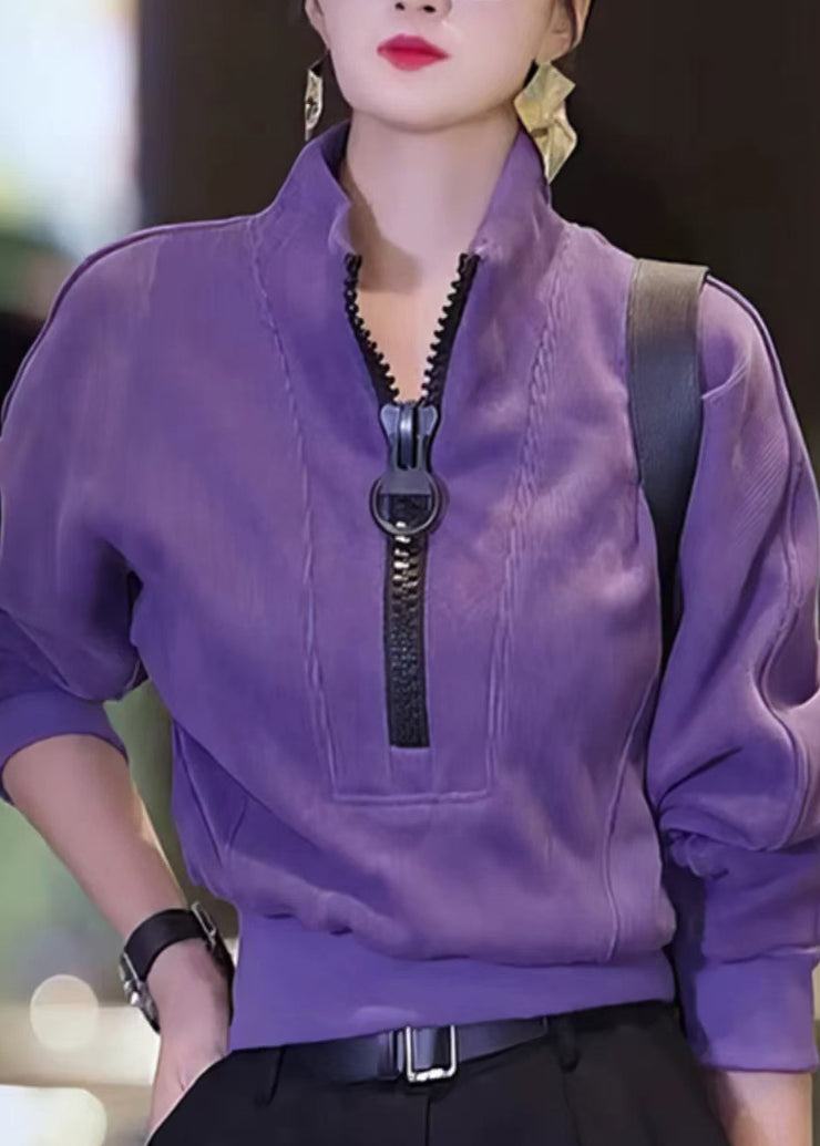 Casual Purple Zip Up Patchwork Cotton Tops Fall