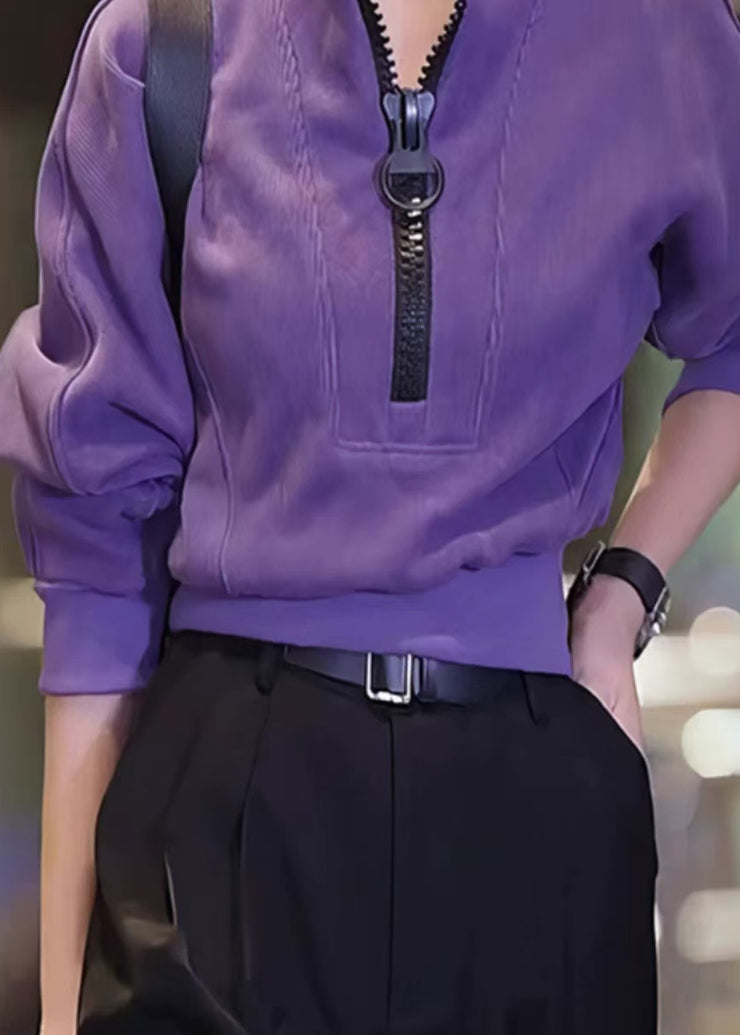 Casual Purple Zip Up Patchwork Cotton Tops Fall