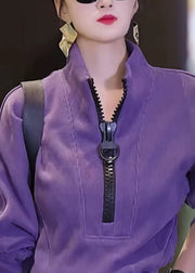 Casual Purple Zip Up Patchwork Cotton Tops Fall