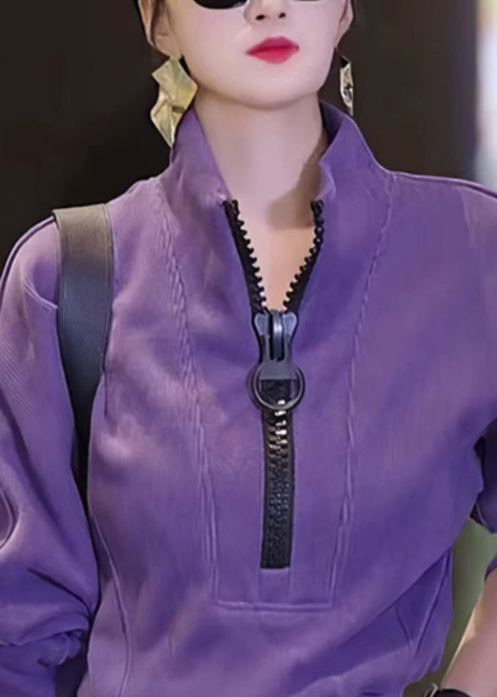 Casual Purple Zip Up Patchwork Cotton Tops Fall