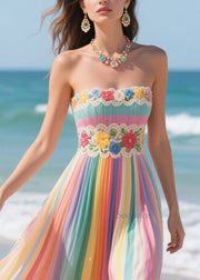 Casual Rainbow Striped Patchwork Flower Chiffon Strapless Dress Summer