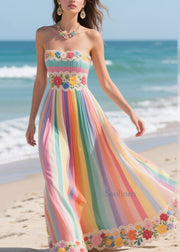 Casual Rainbow Striped Patchwork Flower Chiffon Strapless Dress Summer