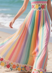 Casual Rainbow Striped Patchwork Flower Chiffon Strapless Dress Summer