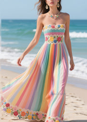 Casual Rainbow Striped Patchwork Flower Chiffon Strapless Dress Summer