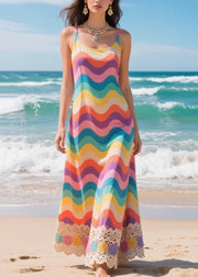 Casual Rainbow Striped Patchwork Lace Chiffon Cami Dresses Summer