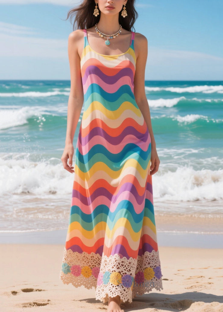 Casual Rainbow Striped Patchwork Lace Chiffon Cami Dresses Summer