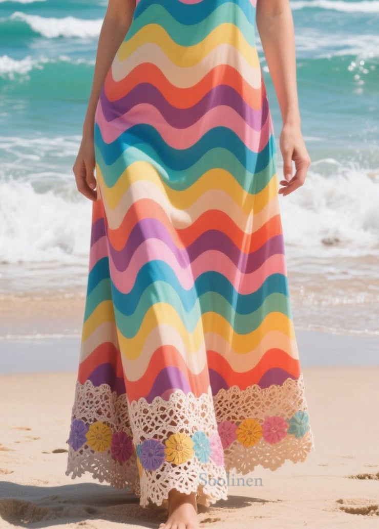Casual Rainbow Striped Patchwork Lace Chiffon Cami Dresses Summer