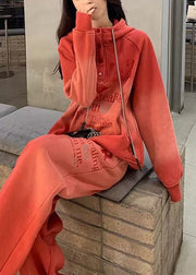 Casual Red Gradient Color Hooded Letter Warm Fleece Two Pieces Set Winter