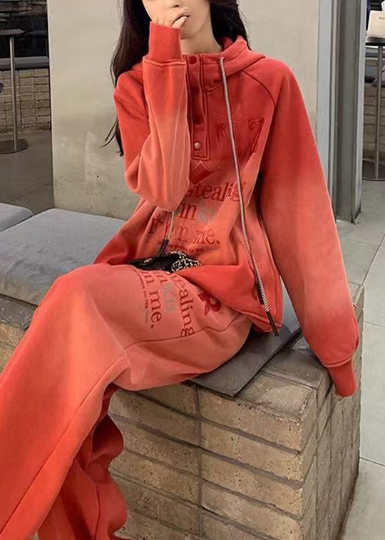 Casual Red Gradient Color Hooded Letter Warm Fleece Two Pieces Set Winter