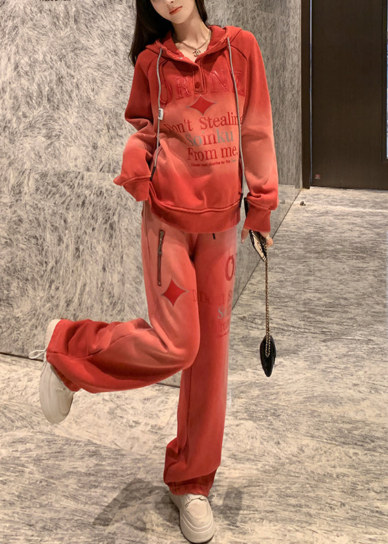 Casual Red Gradient Color Hooded Letter Warm Fleece Two Pieces Set Winter