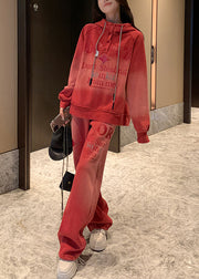 Casual Red Gradient Color Hooded Letter Warm Fleece Two Pieces Set Winter