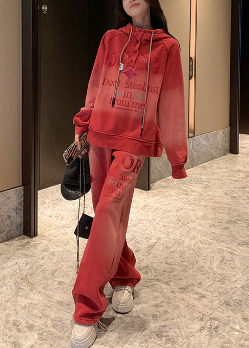 Casual Red Gradient Color Hooded Letter Warm Fleece Two Pieces Set Winter