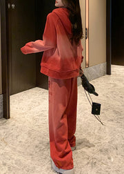 Casual Red Gradient Color Hooded Letter Warm Fleece Two Pieces Set Winter