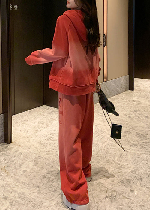 Casual Red Gradient Color Hooded Letter Warm Fleece Two Pieces Set Winter