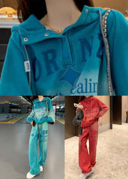 Casual Red Gradient Color Hooded Letter Warm Fleece Two Pieces Set Winter