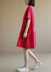 Casual Red O Neck Plaid Cotton Mid Dresses Summer