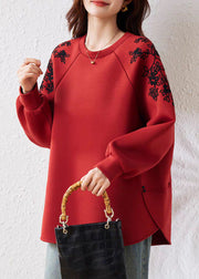 Casual Red O Neck Print Cotton Sweatshirts Fall